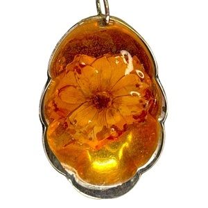 Handmade Vintage Silver Spoon Pendant W/ Amber Resin & Dried Flower A68